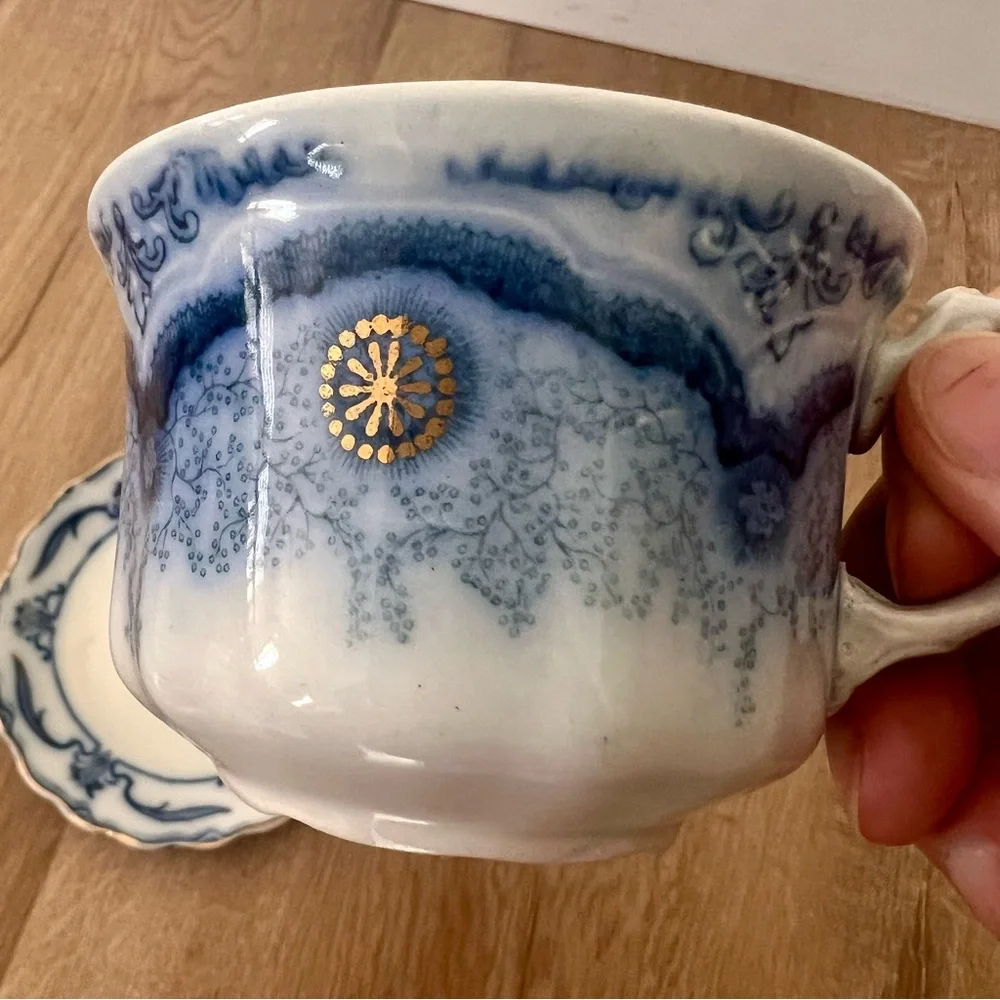 WOOD & SON CLARENCE- FLOW BLUE (c.1891-1907) CUP & SAUCER- Elgar Pattern Antique